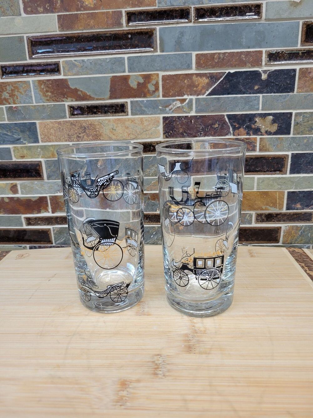 Vintage Libbey Curio Carriage Buggy Highball Glasses MCM Black Gold Tumblers Set